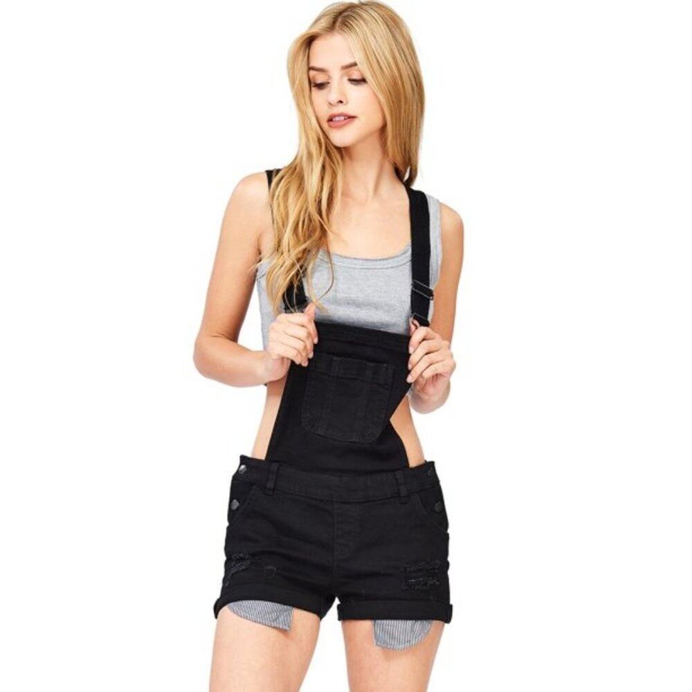 Wax Jean Black Distressed Mini Short Denim Overalls Romper 3X